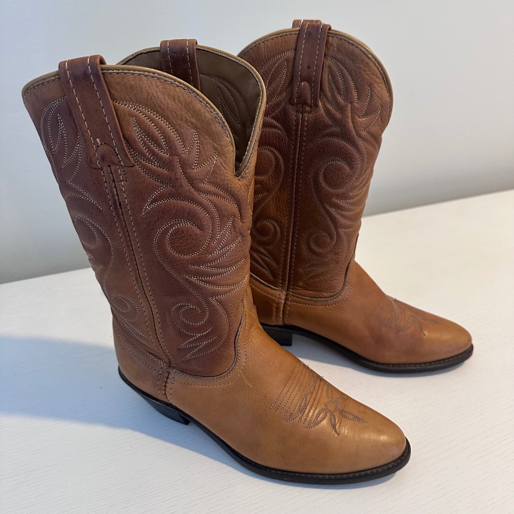 Vintage Tan Leather Western Cowboy Boots Pointed Toe Made in USA 45724 Size 6.5M